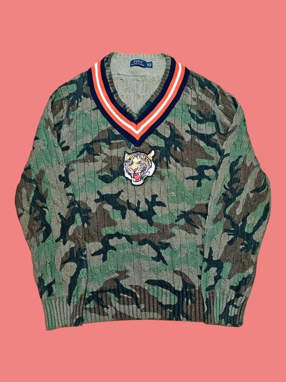 Polo by Ralph Lauren Green Camo V-Neck Sweater with Tiger Patch